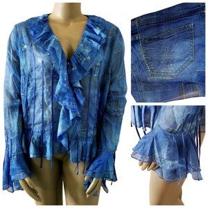 GENERATION KISS Ruffled Fringe Denim Print Chiffon Blouse Womens 3X Blue NWT